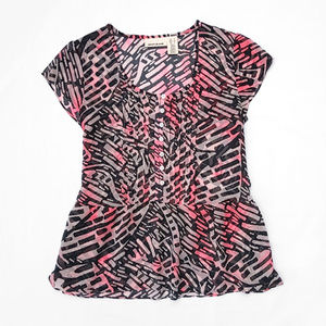 DKNY Jeans Sheer Print Popover Short Sleeve Blouse